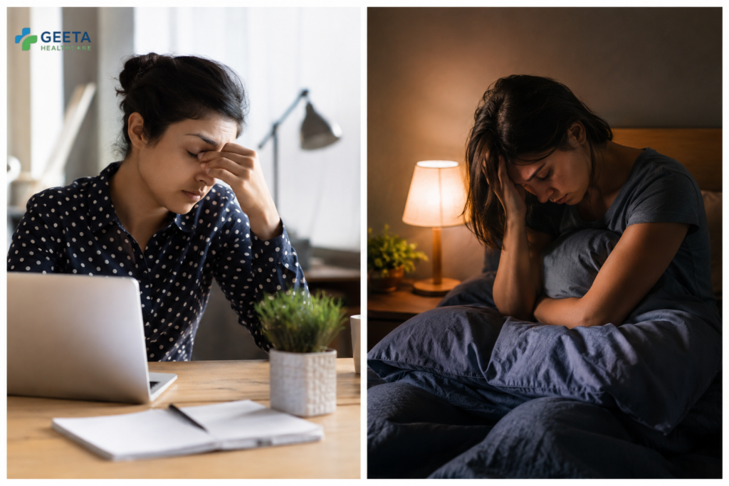 Woman experiencing stress, headache, fatigue, and sleep problems, highlighting mental health and exhaustion symptoms.