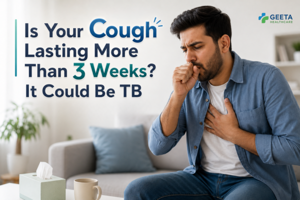 A man sitting on a sofa coughs into his fist while holding his chest, with the headline "Is Your Cough Lasting More Than 3 Weeks? It Could Be TB" displayed prominently. The image highlights persistent cough as a warning sign of tuberculosis.