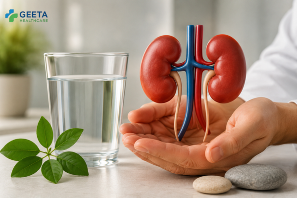A healthcare professional holds a detailed kidney model in their hands beside a glass of water, green leaves, and smooth stones, symbolizing kidney health, hydration, and natural wellness. The image highlights the importance of kidney care, proper hydration, and preventive healthcare.