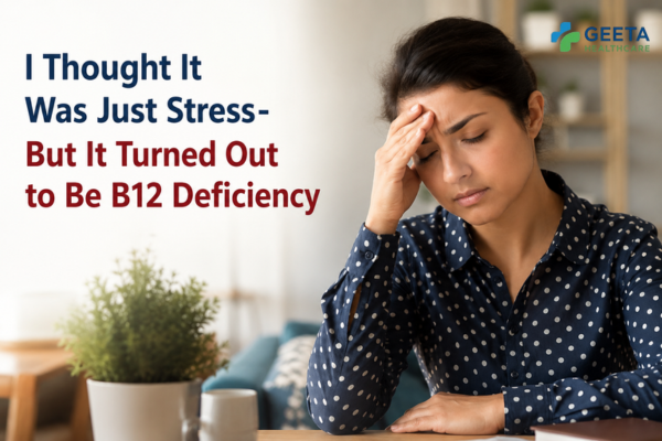 A woman experiencing fatigue and stress-like symptoms, illustrating the early signs of Vitamin B12 deficiency, including tiredness, weakness, and poor concentration.