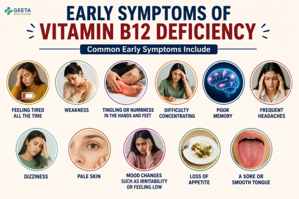 Infographic highlighting the early symptoms of Vitamin B12 deficiency, including fatigue, weakness, tingling in the hands and feet, poor memory, headaches, dizziness, pale skin, mood changes, loss of appetite, and a sore tongue.