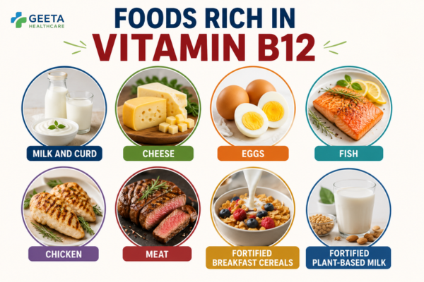 Infographic showing foods rich in Vitamin B12, including milk and curd, cheese, eggs, fish, chicken, meat, fortified breakfast cereals, and fortified plant-based milk to support healthy nerves and red blood cell production