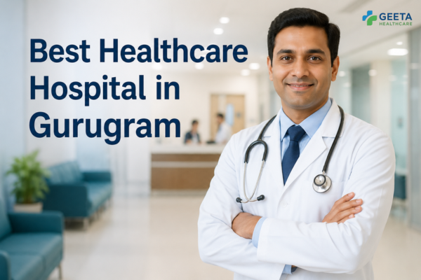 A smiling doctor wearing a white coat and stethoscope stands in a modern hospital corridor with the text "Best Healthcare Hospital in Gurugram" displayed prominently, highlighting quality healthcare services and medical care.