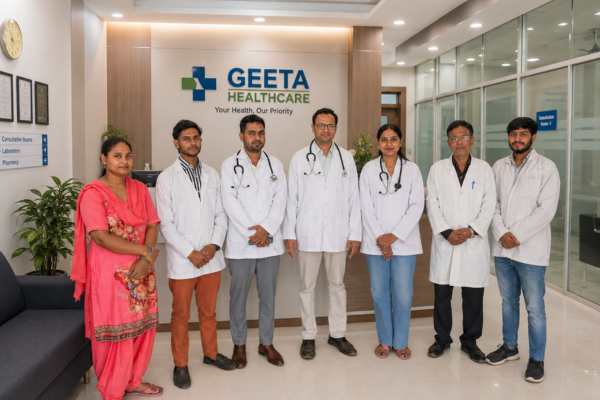 A team of healthcare professionals and doctors standing in the reception area of Geeta Healthcare, Gurugram. The modern clinic features clean interiors, consultation rooms, and a welcoming environment, highlighting quality healthcare services and patient care.