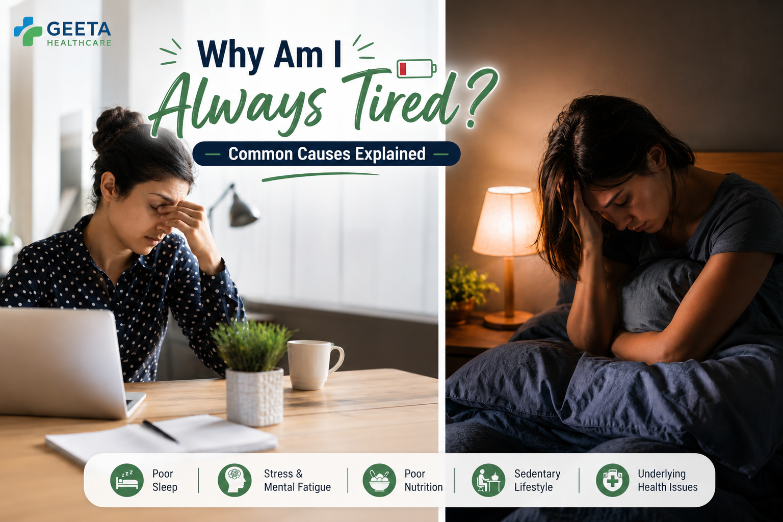 Healthcare infographic explaining common causes of constant tiredness and fatigue, featuring an exhausted woman at work and another struggling with nighttime fatigue. Covers symptoms of chronic fatigue, poor sleep, stress, mental exhaustion, poor nutrition, sedentary lifestyle, and underlying health conditions.