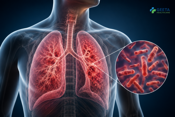 Medical illustration of the human upper torso with transparent chest showing inflamed lungs affected by tuberculosis (TB). A magnified inset highlights Mycobacterium tuberculosis bacteria, illustrating a lung infection and respiratory disease on a dark blue clinical background.